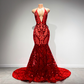 Vestido de fiesta largo y sexy estilo sirena con cuello halter, sin espalda, con lentejuelas rojas brillantes y negro, para niñas, vestidos de gala para graduación 