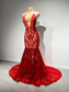 Vestido de fiesta largo y sexy estilo sirena con cuello halter, sin espalda, con lentejuelas rojas brillantes y negro, para niñas, vestidos de gala para graduación 