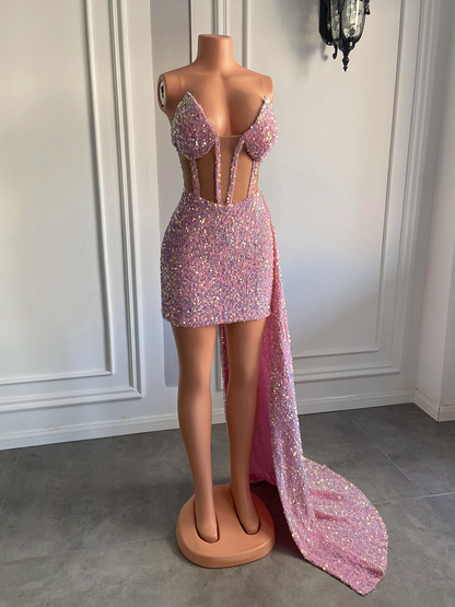 New Arrival Sweetheart Sheer Mesh Sparkly Pink Sequined African Black Girls Prom Dresses For Birthday Party