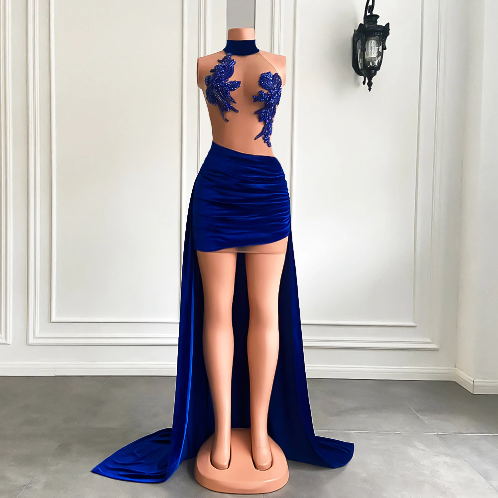 Vestidos de fiesta de cumpleaños para mujer, sexys, transparentes, con cuentas brillantes, cortos, delanteros y largos, de terciopelo negro, para niña, vestidos de graduación cortos. 