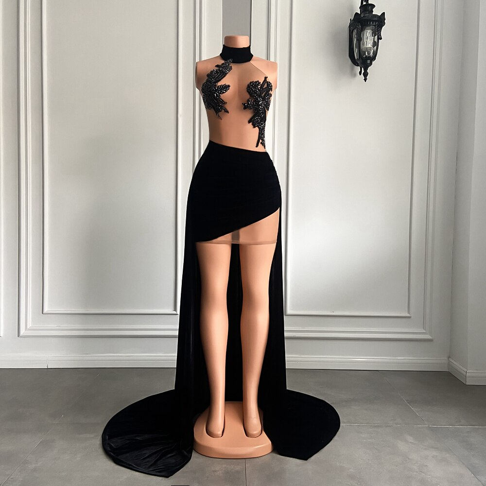 Vestidos de fiesta de cumpleaños para mujer, sexys, transparentes, con cuentas brillantes, cortos, delanteros y largos, de terciopelo negro, para niña, vestidos de graduación cortos. 