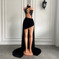 Vestidos de fiesta de cumpleaños para mujer, sexys, transparentes, con cuentas brillantes, cortos, delanteros y largos, de terciopelo negro, para niña, vestidos de graduación cortos. 