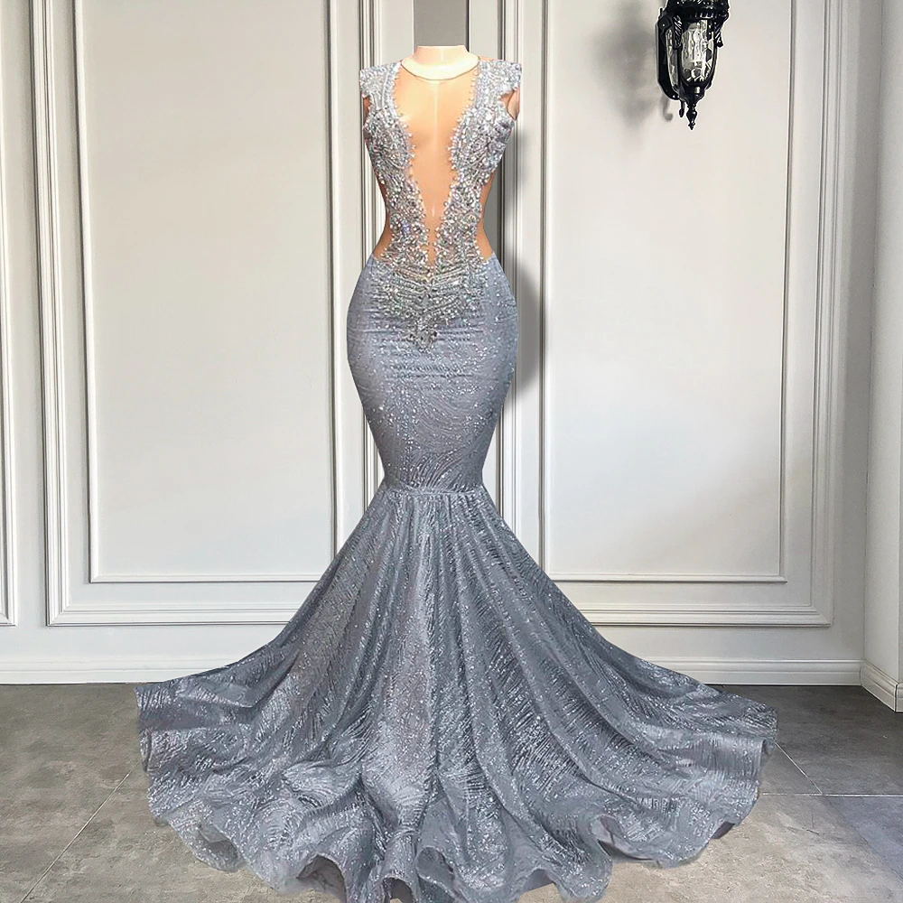 Long Glitter Prom Dresses Mermaid Style Sexy Sheer Top Luxury Sparkly Beaded Silver Black Girl Formal Prom Gala Gowns