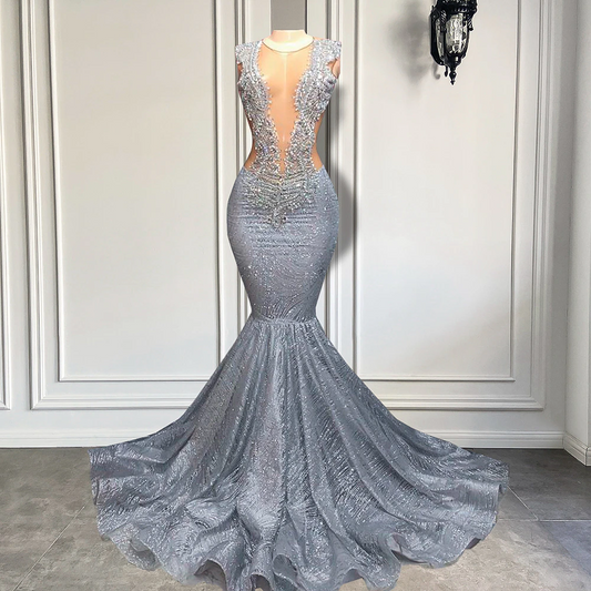 Long Glitter Prom Dresses Mermaid Style Sexy Sheer Top Luxury Sparkly Beaded Silver Black Girl Formal Prom Gala Gowns