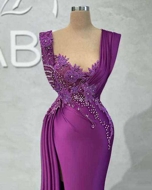 Long Evening Dresses Sexy High Slit Luxury Beaded Dubai Women Purple Satin Formal Evening Party Gowns
