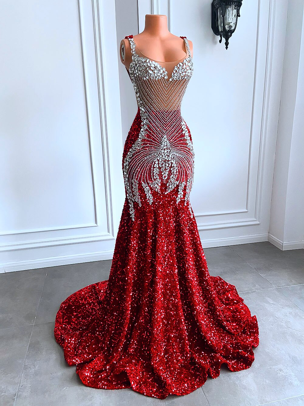 Long Red Prom Dresses Sparkly Luxury Silver Diamond Crystals Mermaid Style Fitted Black Girl Sheer Mesh Prom Gala Gowns