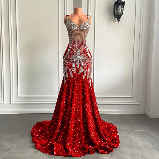 Vestidos de fiesta largos rojos brillantes de lujo con cristales de diamantes plateados estilo sirena ajustados de malla transparente para chicas negras.