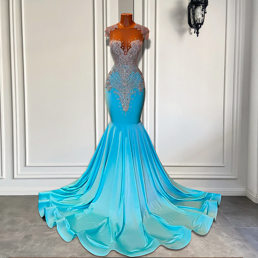 Vestidos de fiesta largos y brillantes con parte superior transparente y sexy, de lujo, con diamantes, azul claro y negro, para niñas, vestidos de fiesta de gala con corte sirena 