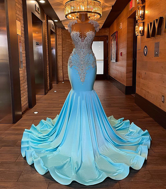 Vestidos de fiesta largos y brillantes con parte superior transparente y sexy, de lujo, con diamantes, azul claro y negro, para niñas, vestidos de fiesta de gala con corte sirena 