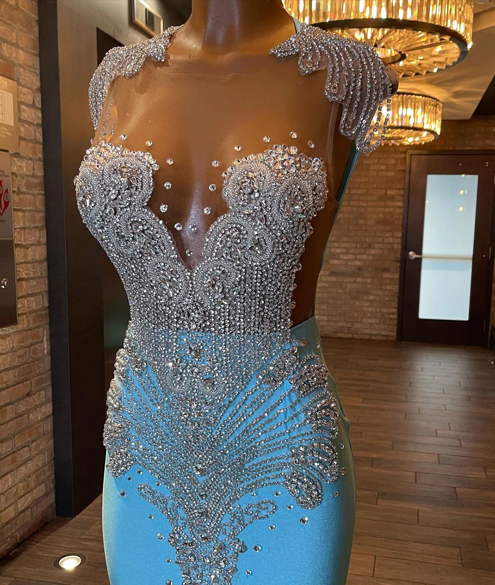 Long Sparkly Prom Dresses Sexy Sheer Top Luxury Diamond Light Blue Black Girls Mermaid Prom Gala Party Gowns