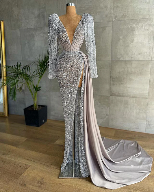 Vestido de noche sexy de manga larga para mujer, escote en V, sirena de lujo con cuentas, abertura alta, plateado, formal. 
