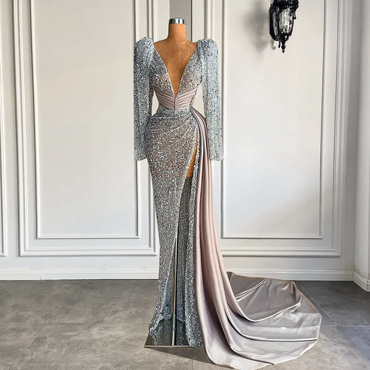 Vestido de noche sexy de manga larga para mujer, escote en V, sirena de lujo con cuentas, abertura alta, plateado, formal. 