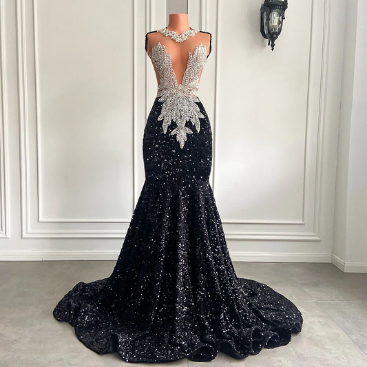 Vestidos de fiesta negros largos, sexys, estilo sirena, de lujo, con cuentas brillantes y lentejuelas de diamantes, para chicas africanas, vestidos formales de gala para graduación. 