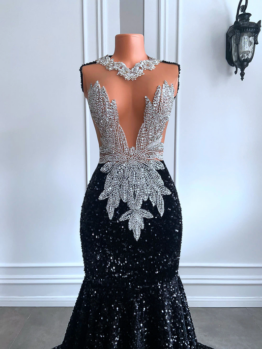 Long Black Prom Dresses Sexy Mermaid Style Luxury Sparkly Beaded Diamond Sequined African Girl Prom Gala Formal Gowns