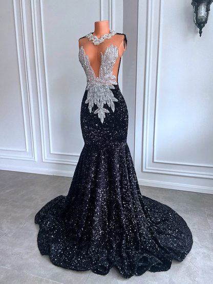 Long Black Prom Dresses Sexy Mermaid Style Luxury Sparkly Beaded Diamond Sequined African Girl Prom Gala Formal Gowns