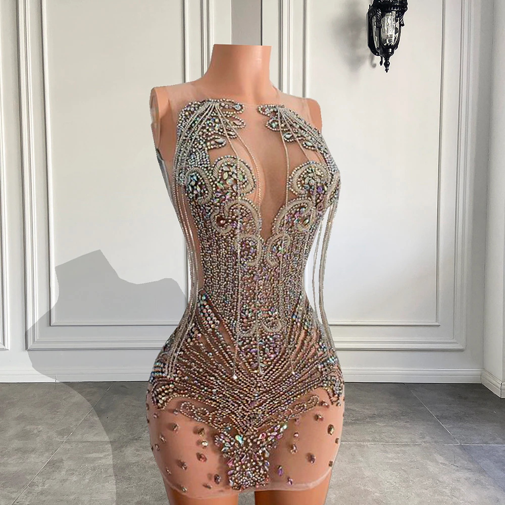 Vestidos de fiesta cortos de lujo con cuentas de cristal plateadas para mujer africana, vestidos de cóctel para fiesta 