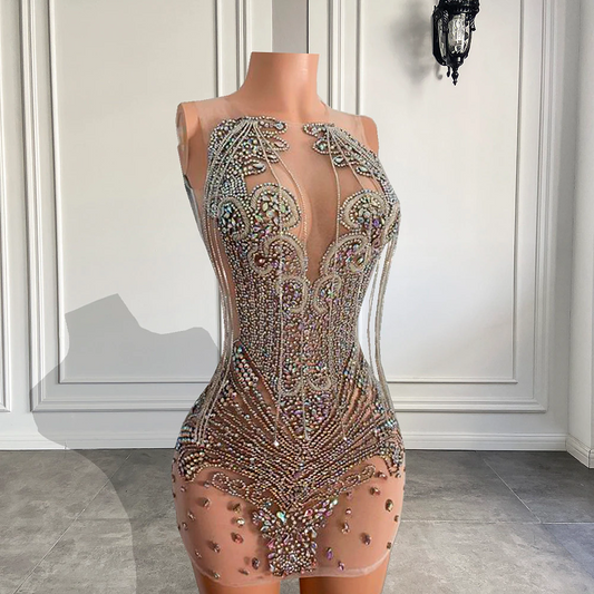 Vestidos de fiesta cortos de lujo con cuentas de cristal plateadas para mujer africana, vestidos de cóctel para fiesta 