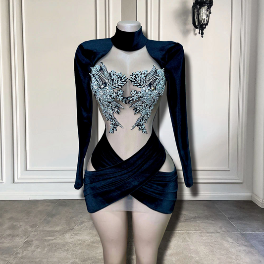 Vestidos de fiesta cortos africanos de terciopelo negro con cristales plateados brillantes y cuello alto, de manga larga y transparentes, para cumpleaños de niñas negras. 