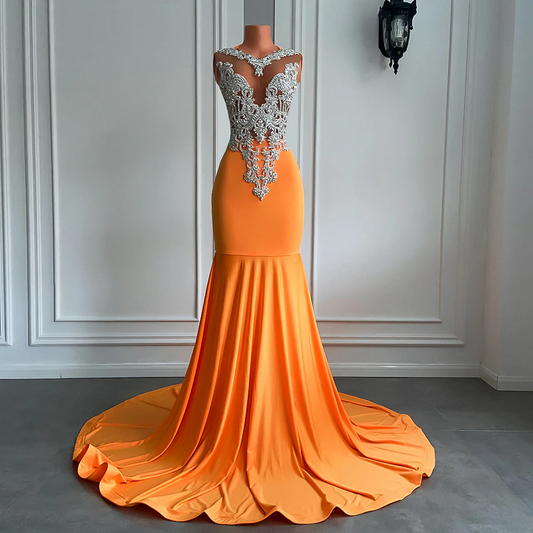 Vestidos de fiesta largos de color naranja, sexys, estilo sirena, ajustados, con cuentas plateadas bordadas, de licra naranja y negra, para chicas negras. 