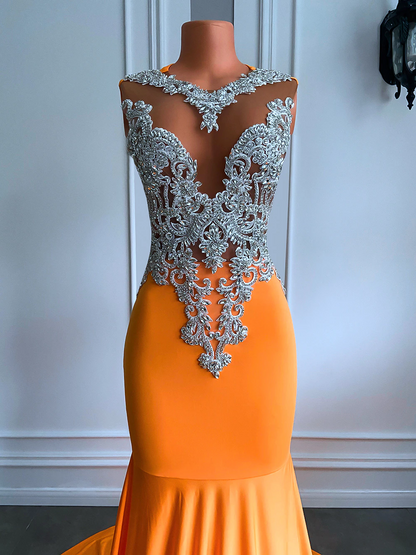 Long Orange Prom Dresses Sexy Mermaid Style Fitted Silver Beaded Embroidery Orange Spandex Black Girl Prom Formal Gowns