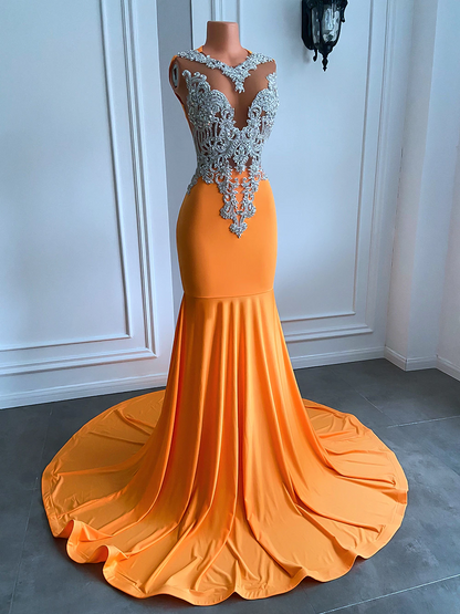 Long Orange Prom Dresses Sexy Mermaid Style Fitted Silver Beaded Embroidery Orange Spandex Black Girl Prom Formal Gowns