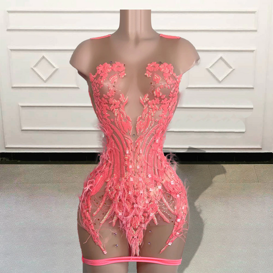 Vestidos de fiesta cortos transparentes negros sexys para chicas, para fiesta de cumpleaños, con lentejuelas brillantes y plumas, minivestidos de cóctel rosas para mujeres. 