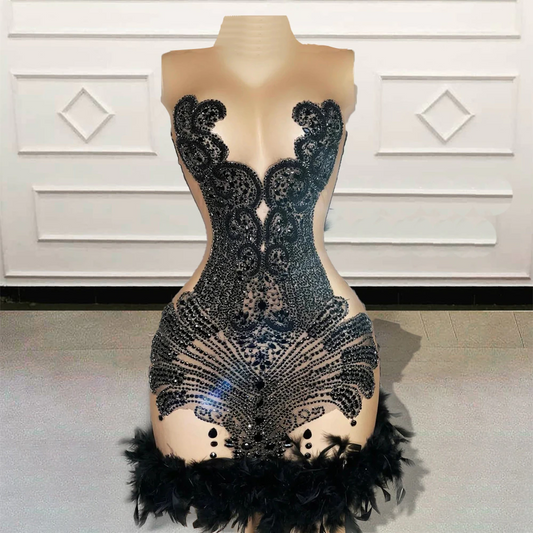 Vestido de fiesta corto sexy transparente para chica negra, de lujo, con cuentas de diamantes y plumas, minivestidos de cóctel para fiesta de cumpleaños. 