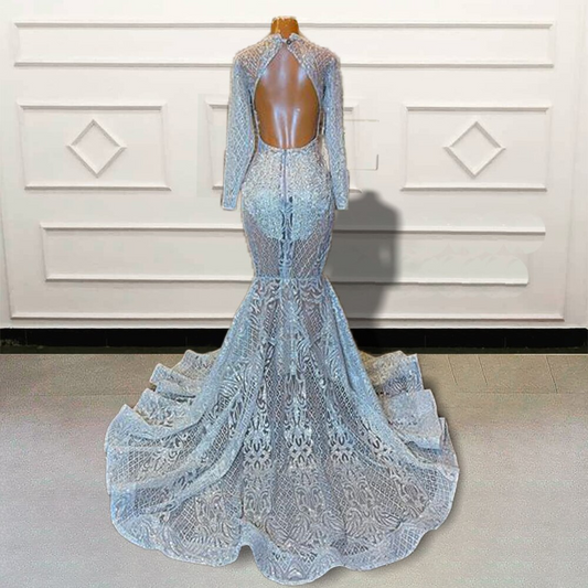 Luxury Black Girl Mermaid Long Prom Dresses Sparkly Sequined Beaded Full Sleeves V Neck Women Custom Formal Evening Gown