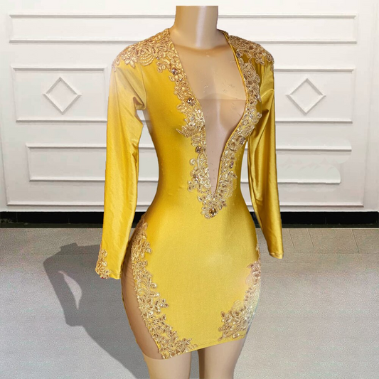 Vestidos de fiesta cortos, sexys, negros y dorados, con encaje y cuentas, mangas largas, minivestidos de cóctel para fiesta de cumpleaños, hechos a medida. 