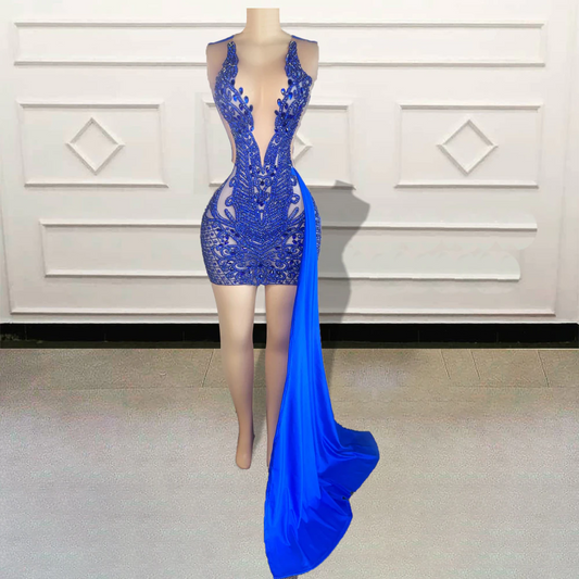 Vestido corto de lujo con cuentas azules y diamantes negros para fiesta de cumpleaños, sexy, transparente, minivestido de cóctel, hecho a medida. 