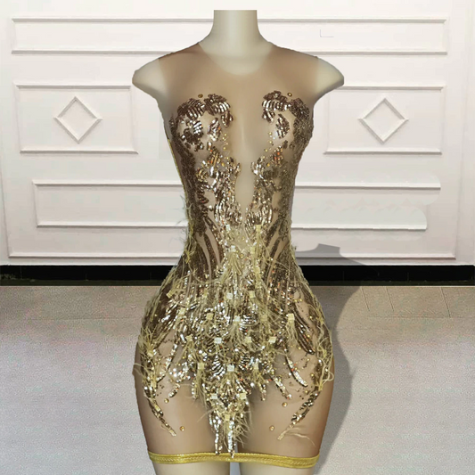 Vestidos de fiesta cortos dorados transparentes para mujer, con lentejuelas brillantes y plumas negras, minivestidos de cóctel para fiesta de cumpleaños, hechos a medida. 