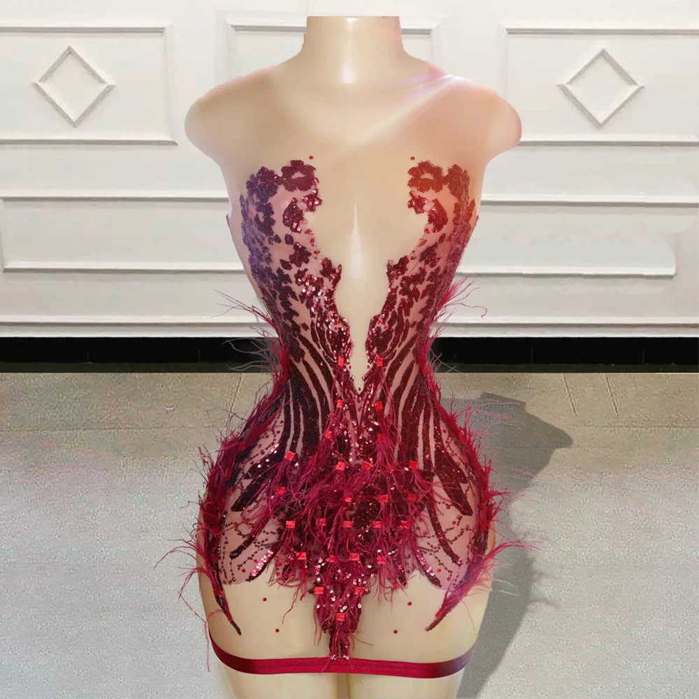 Vestidos de fiesta cortos transparentes negros sexys para chicas, para fiesta de cumpleaños, con lentejuelas brillantes y plumas, vestidos de cóctel mini rojos personalizados para mujeres. 
