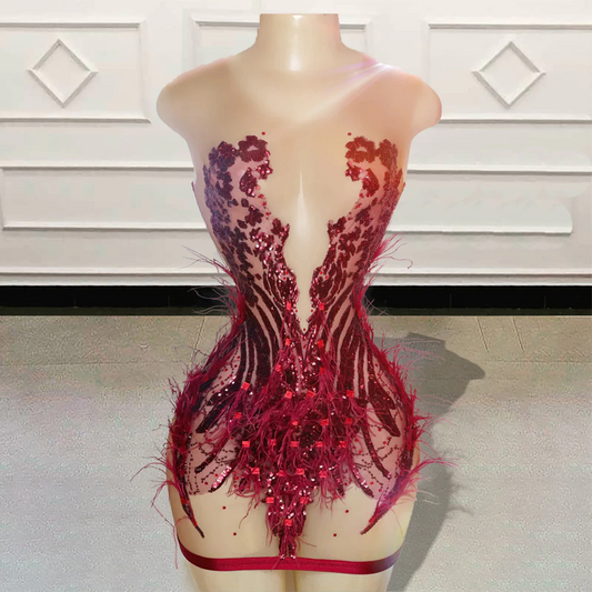 Vestidos de fiesta cortos transparentes negros sexys para chicas, para fiesta de cumpleaños, con lentejuelas brillantes y plumas, vestidos de cóctel mini rojos personalizados para mujeres. 