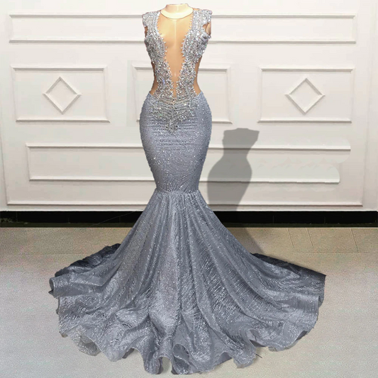 Vestidos de fiesta largos de sirena sexys para mujer, para fiesta de graduación, con lentejuelas plateadas brillantes, transparentes, para ocasiones formales y de noche.