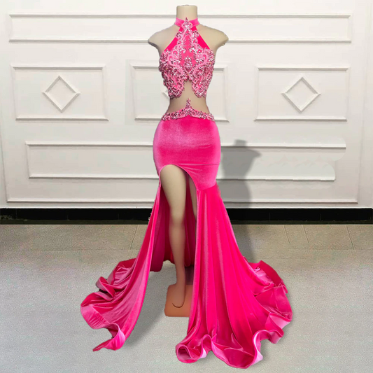 Vestidos de fiesta largos de sirena rosa sexy con abertura y cristales brillantes de diamante para mujer, vestidos de noche formales de terciopelo para fiesta de cumpleaños