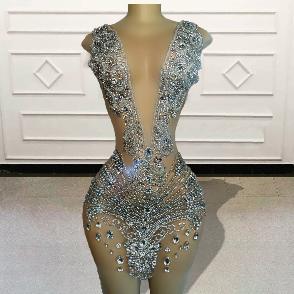 Vestidos de fiesta cortos con lentejuelas brillantes para mujer, sexys, negros, con cuentas plateadas y diamantes transparentes, mini vestidos de cóctel para fiesta de cumpleaños