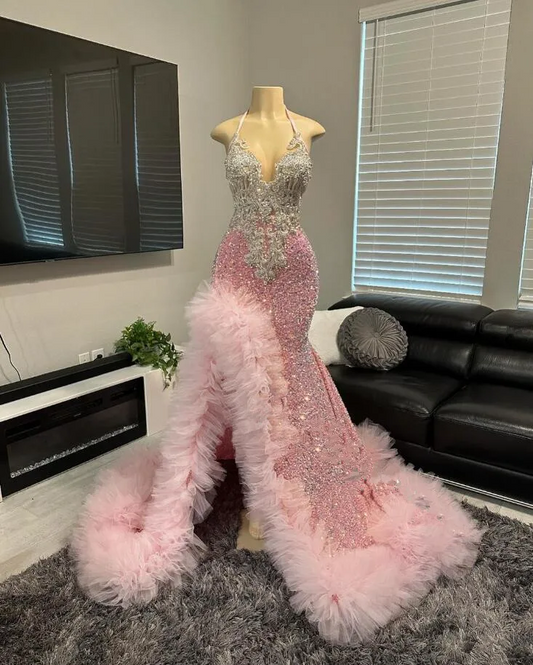 Peach Pink Mermaid Prom Dress for Women Sparkly Crystal Ruffles Velvet Black Girl Birthday Party Gown