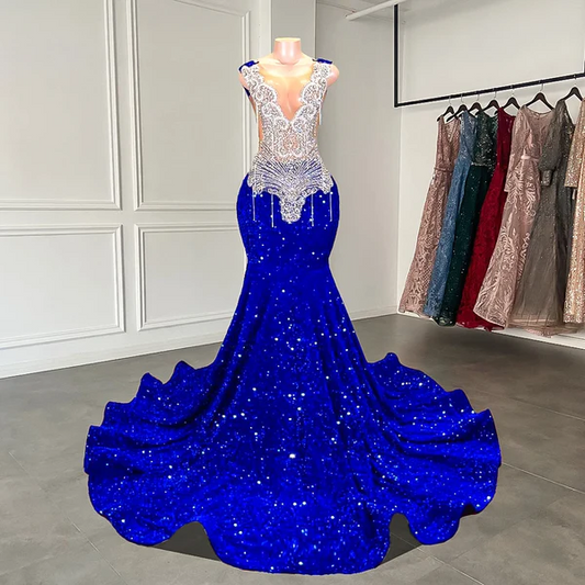 Vestido de fiesta largo azul real estilo sirena sexy con parte superior transparente, cristales plateados brillantes y diamantes negros para niñas.