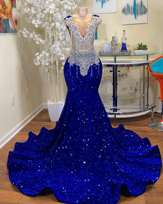 Vestido de fiesta largo azul real estilo sirena sexy con parte superior transparente, cristales plateados brillantes y diamantes negros para niñas.