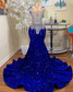 Vestido de fiesta largo azul real estilo sirena sexy con parte superior transparente, cristales plateados brillantes y diamantes negros para niñas.