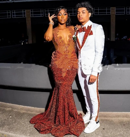 Orange Prom Dresses Women Sheer Neck Crystal Sequin Mermaid Party Gowns Long Birthday Outfits