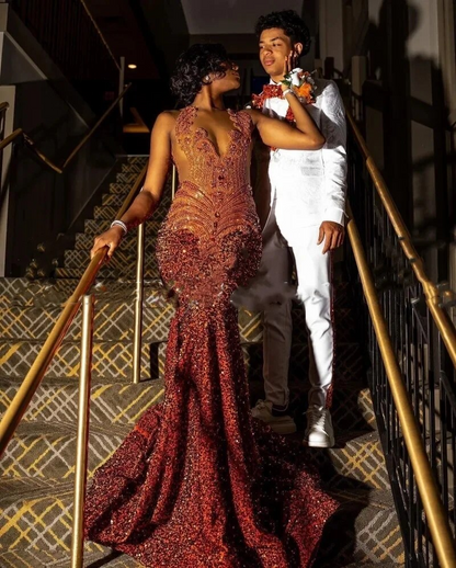 Orange Prom Dresses Women Sheer Neck Crystal Sequin Mermaid Party Gowns Long Birthday Outfits