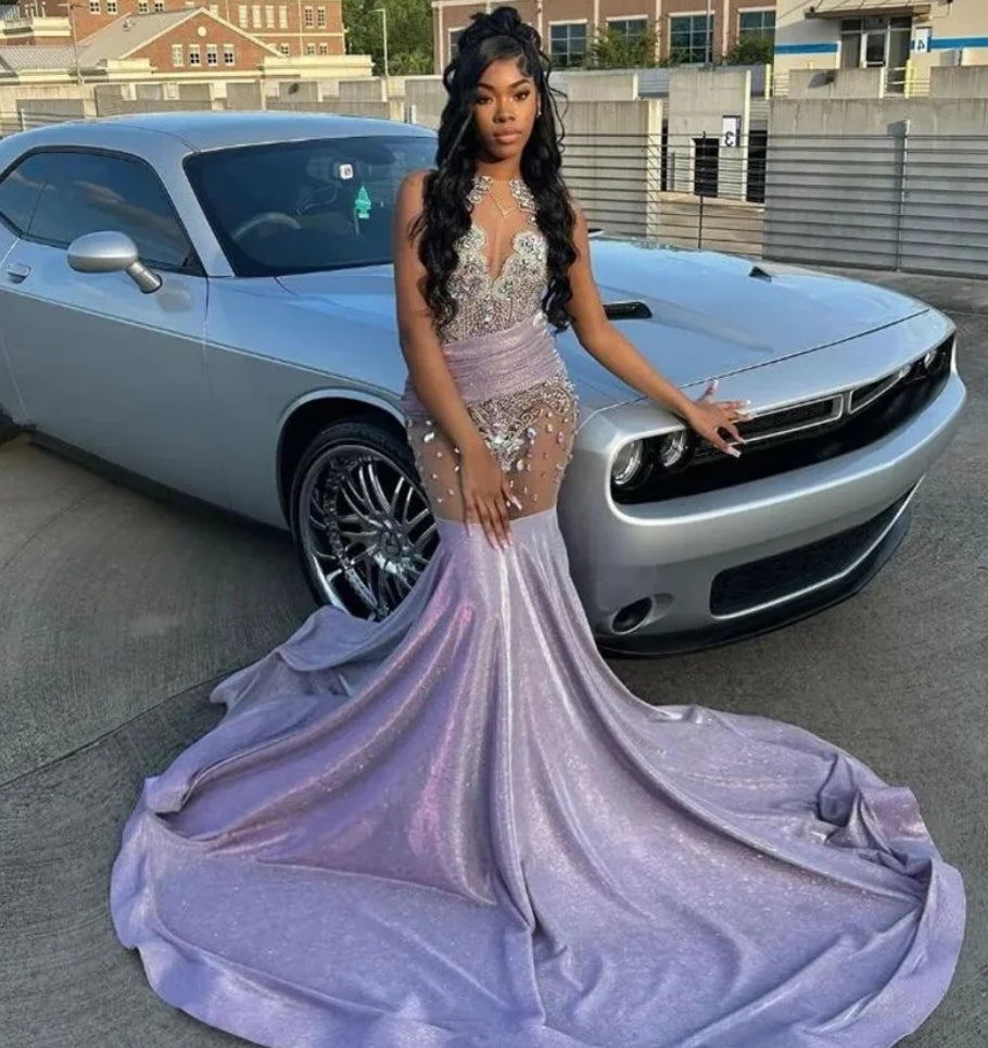 Sparkly Lilac Long Prom Dress Beads Crystals Rhinestones Court Train Glitter Birthday Party Gown Wedding Reception Robe