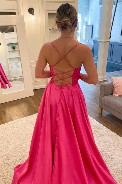 A Line Spaghetti Straps Hot Pink Long Prom Dress with Split Front Evening Dresses
