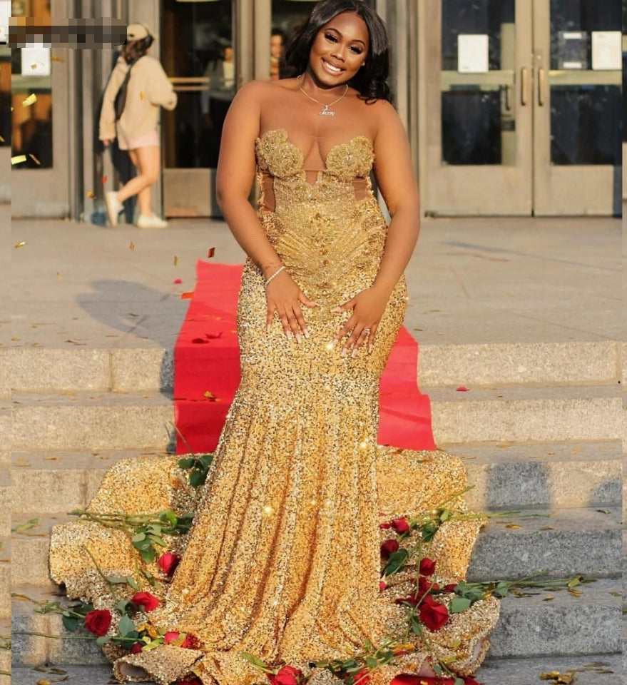 فستان حورية البحر للحفلات الراقصة للفتيات ذوات البشرة السوداء مزين بالترتر الذهبي وأحجار الراين الكريستالية