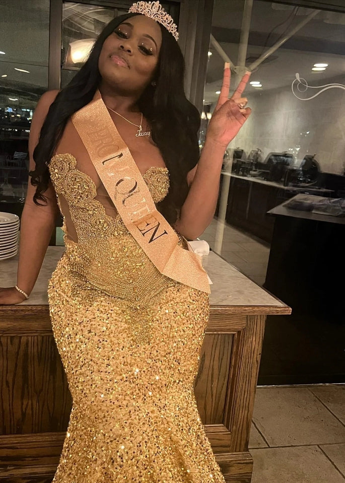 فستان حورية البحر للحفلات الراقصة للفتيات ذوات البشرة السوداء مزين بالترتر الذهبي وأحجار الراين الكريستالية
