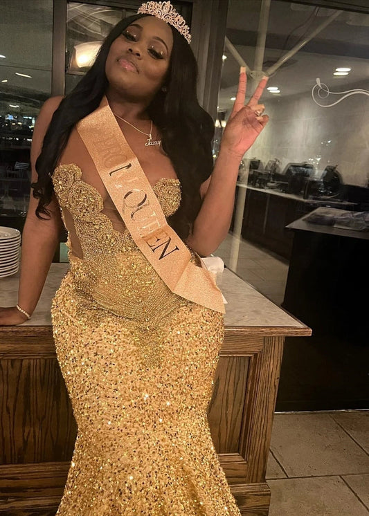 Vestido de baile sereia com lantejoulas douradas para meninas negras, vestido de festa de gala com cristais e strass