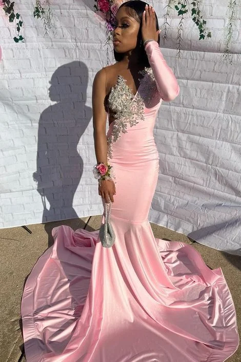 Vestido de fiesta de sirena rosa de una sola manga con apliques y corte ceñido a la cintura 
