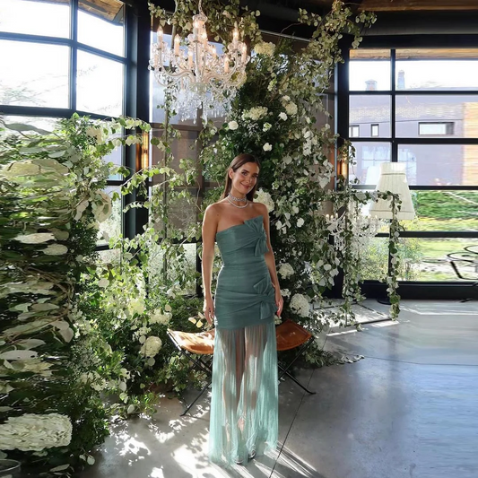 Vestido de fiesta de banquete con lazo sin tirantes verde turquesa, plisado, de tul transparente, formal, largo hasta el suelo, sin mangas, para graduación