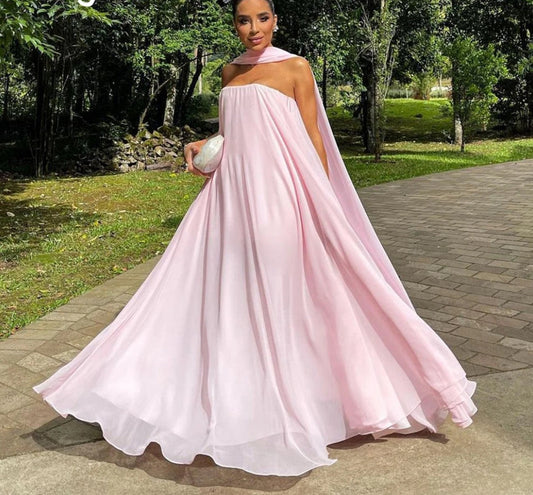 Vestido de noche sencillo rosa sin tirantes, corte A, con escote en V y abertura en la espalda, de gasa, largo hasta el suelo, para cenas y fiestas. 
